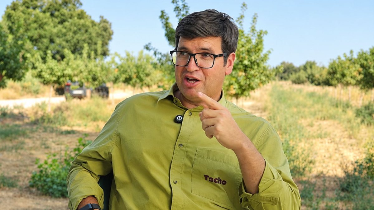 Josep Casas, fundador de Europistachios, con una camisa de su marca Tacho en una finca de pistachos