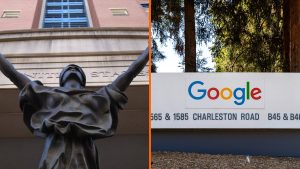 Díptico: estatua frente al tribunal federal Albert V. Bryan de Alexandria (Virginia), donde se juzgó el caso Google ad tech, y cartel de Google en su sede de Mountain View
