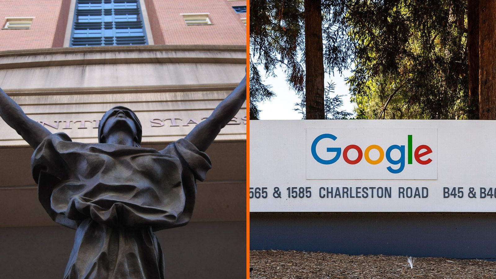 Díptico: estatua frente al tribunal federal Albert V. Bryan de Alexandria (Virginia), donde se juzgó el caso Google ad tech, y cartel de Google en su sede de Mountain View