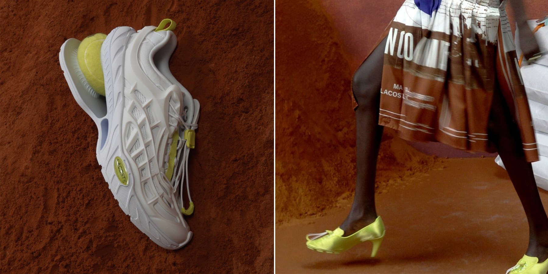 Zapatilla Lacoste ACE-T1 con cuña en forma de pelota de tenis sobre tierra batida y zapato de tacón con cordones amarillo ácido