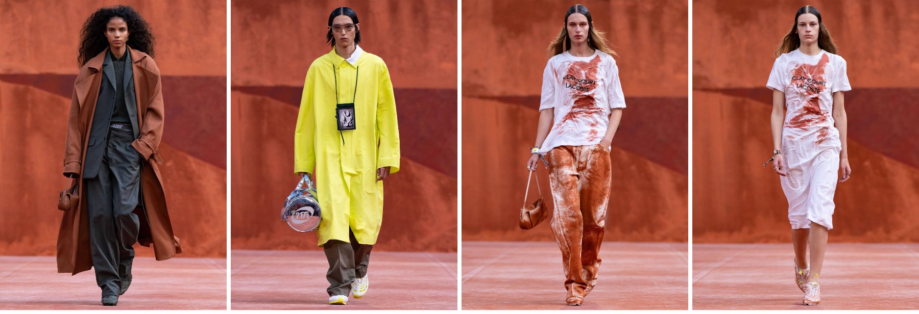 Looks del desfile primavera-verano 2027 de Lacoste en Roland-Garros con prendas manchadas de tierra batida