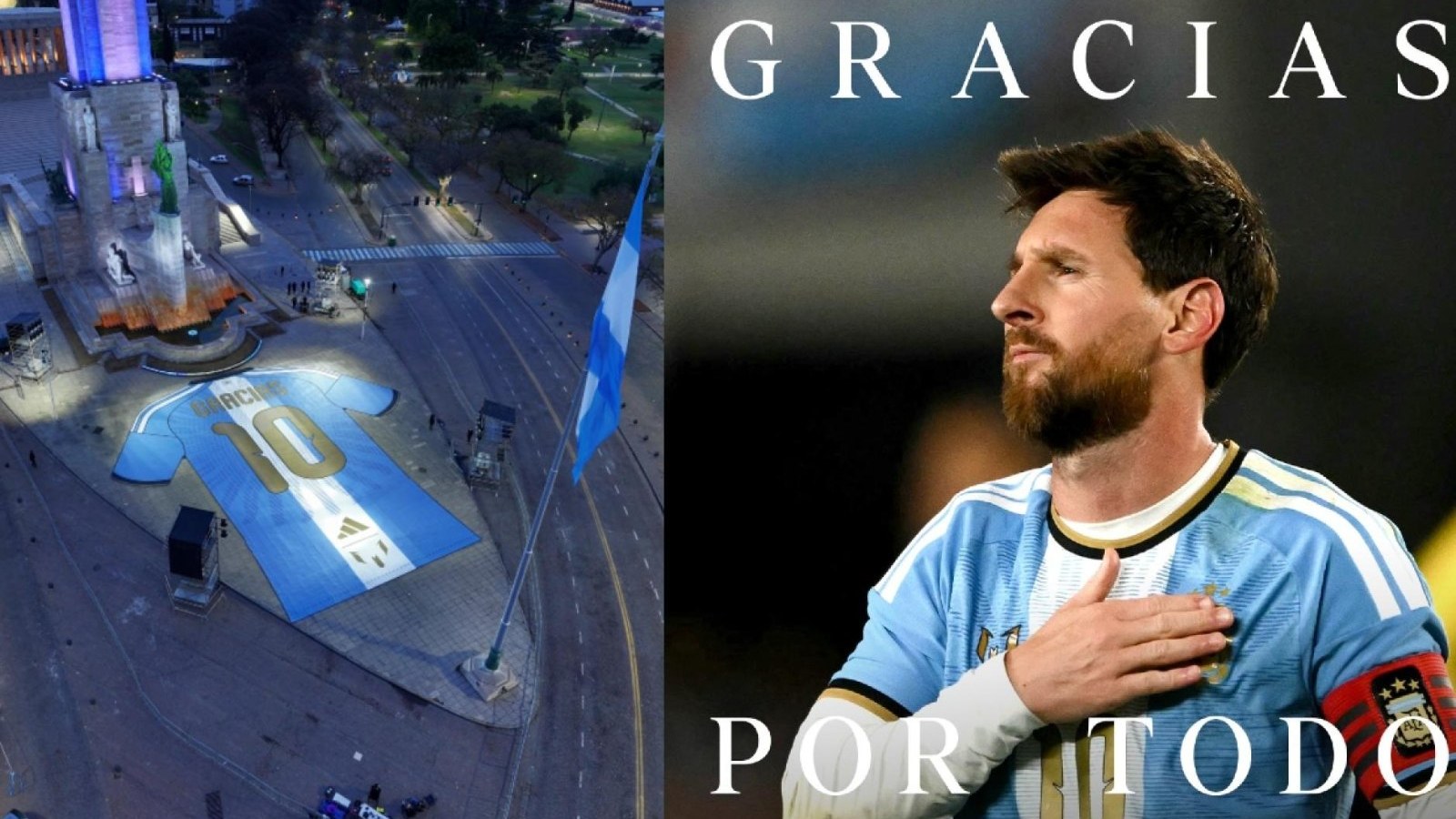 Camiseta gigante de Adidas en Rosario y Messi con la mano en el escudo, campaña Gracias 10 por su despedida de Argentina