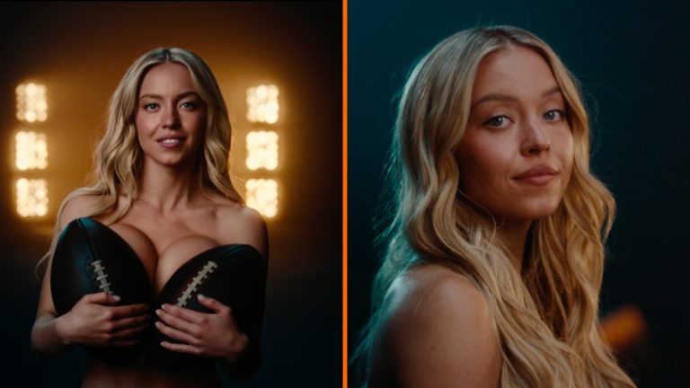 Sydney Sweeney en los dos anuncios de Novig: a la izquierda en Just Sports (septiembre de 2026), cubierta con dos balones de fútbol americano; a la derecha en No BS (octubre de 2026)