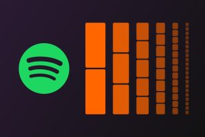 Logo de Spotify junto a columnas de espacios publicitarios naranjas que se multiplican y se encogen, idea de vender más impresiones a menor precio