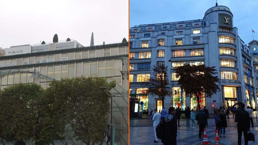 Díptico: el edificio de Publicis Drugstore y la Maison Louis Vuitton, ambos en los Campos Elíseos de París