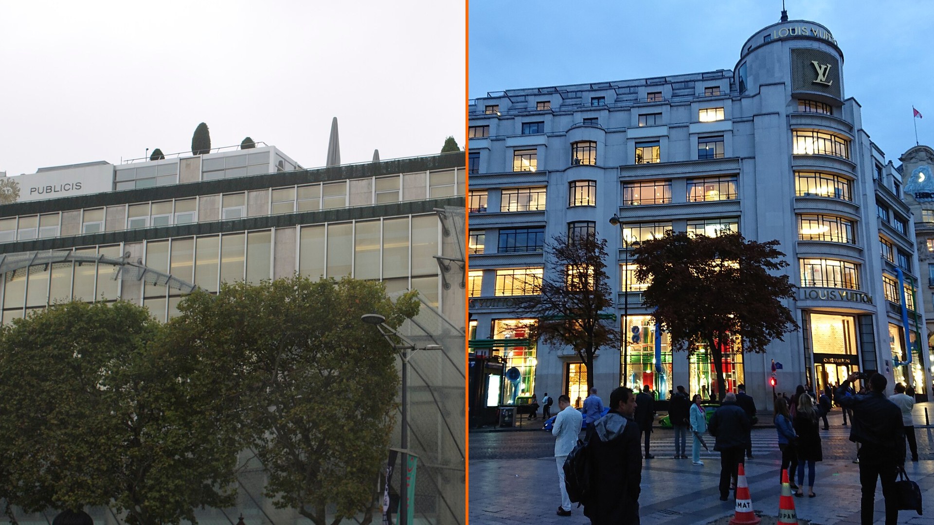 Díptico: el edificio de Publicis Drugstore y la Maison Louis Vuitton, ambos en los Campos Elíseos de París