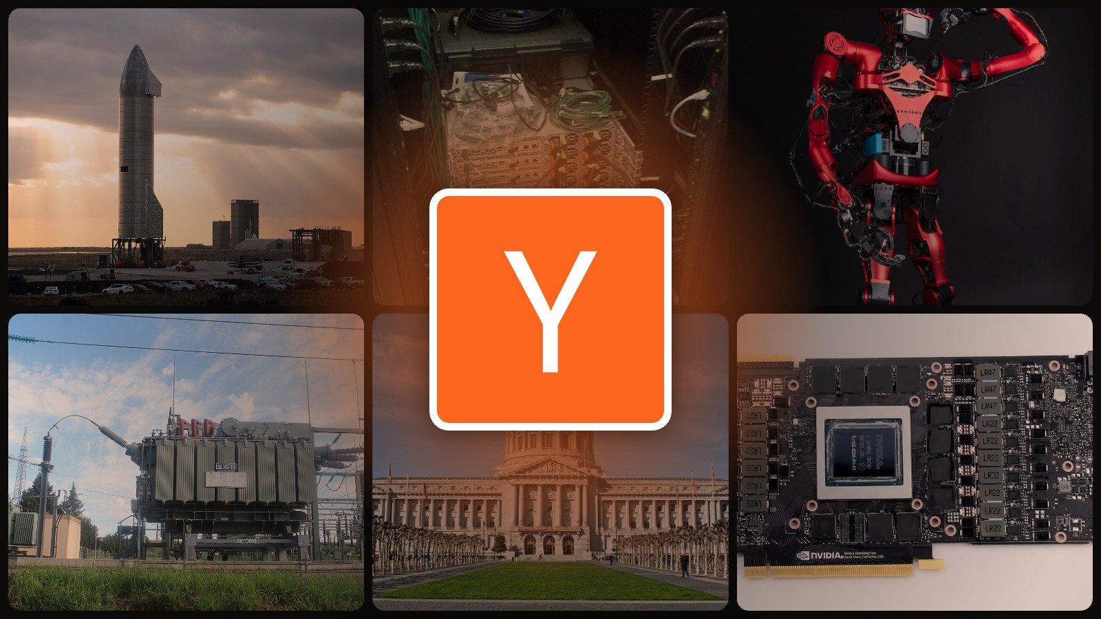 Logo de Y Combinator en el centro de un mosaico con un cohete Starship, servidores de un centro de datos, un robot humanoide, un transformador eléctrico, el Ayuntamiento de San Francisco y una GPU de Nvidia