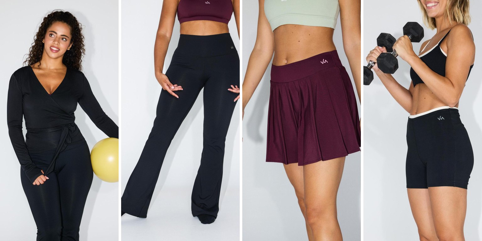 Cuatro prendas de la colección de Sprinter con Violeta Mangriñán: chaqueta cruzada negra, mallas acampanadas, falda pantalón granate y conjunto de pantalón corto