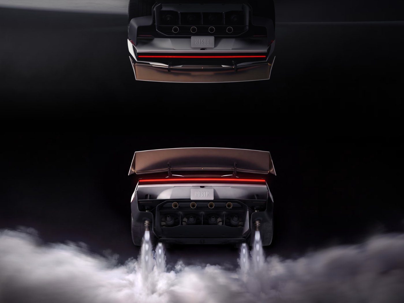 Vista trasera del Tesla Roadster con los propulsores de aire comprimido encendidos y el coche elevándose del suelo