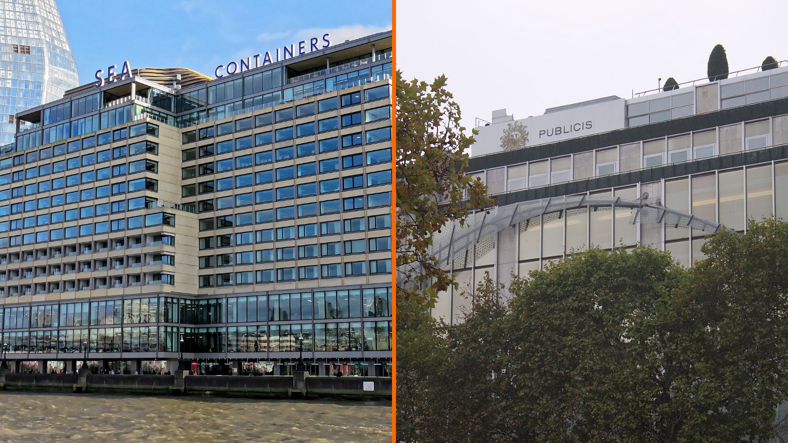 Sede de WPP en Sea Containers House, Londres, y sede de Publicis en el Drugstore de los Campos Elíseos, París